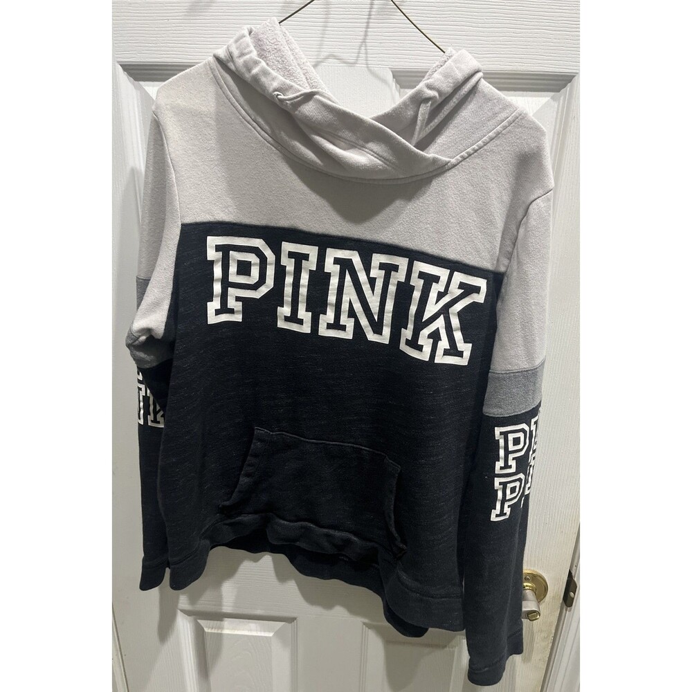 Victorias Secret Pink Hoodie Womens Large Black White Pullover Fleece Y2K